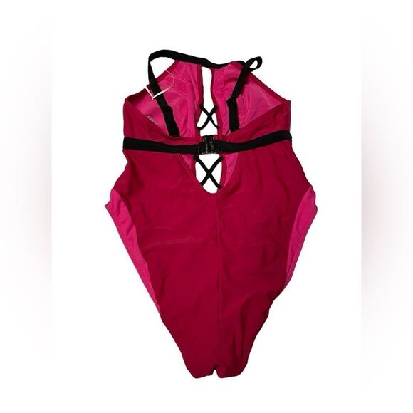 Curvy Kate logo DD/DDD Subtropic Non Wired Plunge Swimsuit Cherry Red/Pink - Picture 2 of 4